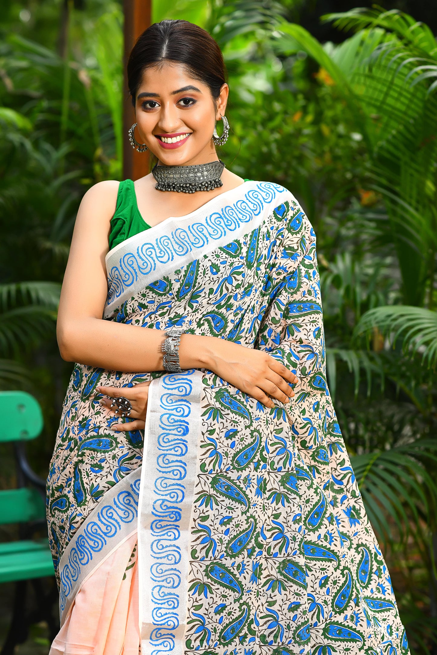 Blue Design Block Printed Kerala Pure Cotton Sarees - Dailybuyys