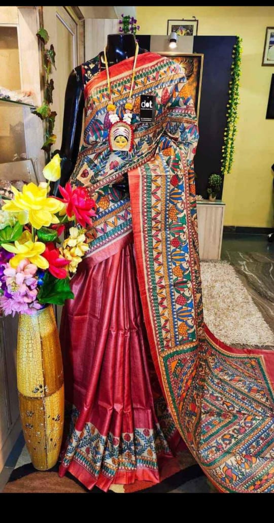 Crimson Red Madhubani Printed Pure Silk Mark Certified Tussar Ghicha Silk Sarees - Dailybuyys