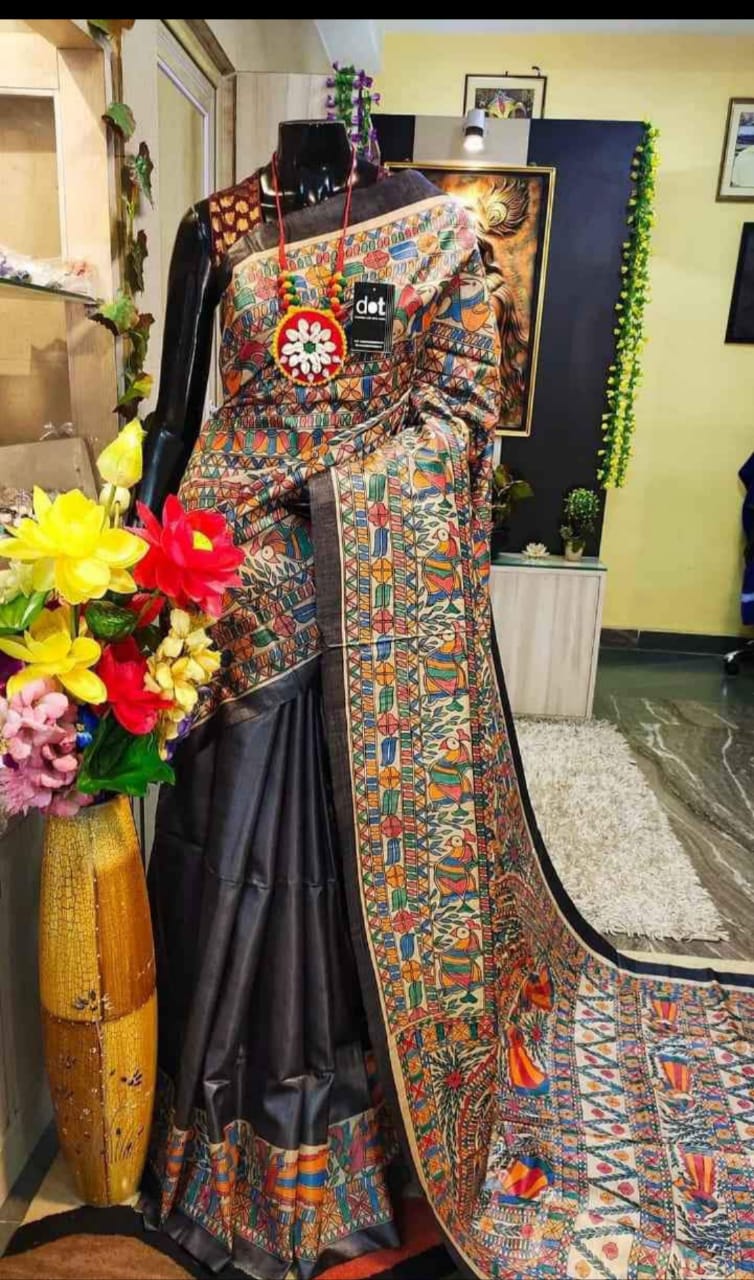 Pebble Grey Madhubani Printed Pure Silk Mark Certified Tussar Ghicha Silk Sarees - Dailybuyys