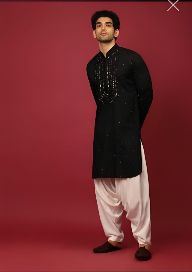 Black Chickankari Punjabi Kurta Pyjama Set