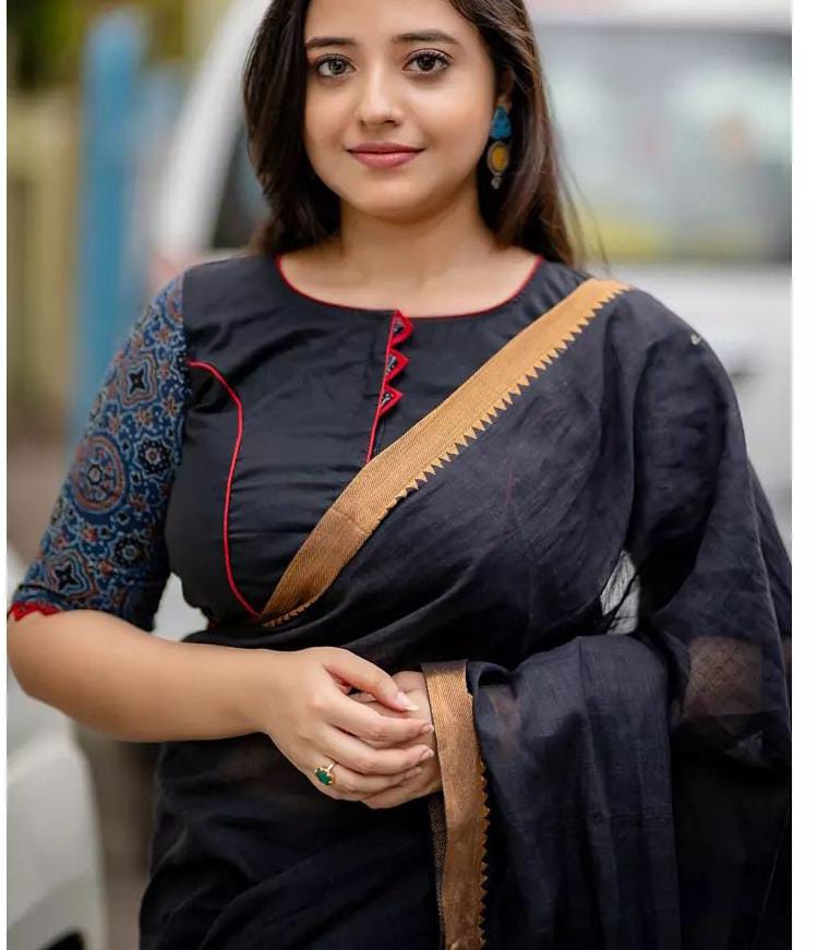 Charcoal Black With Blue Design Boat Neck Blouses - Dailybuyys