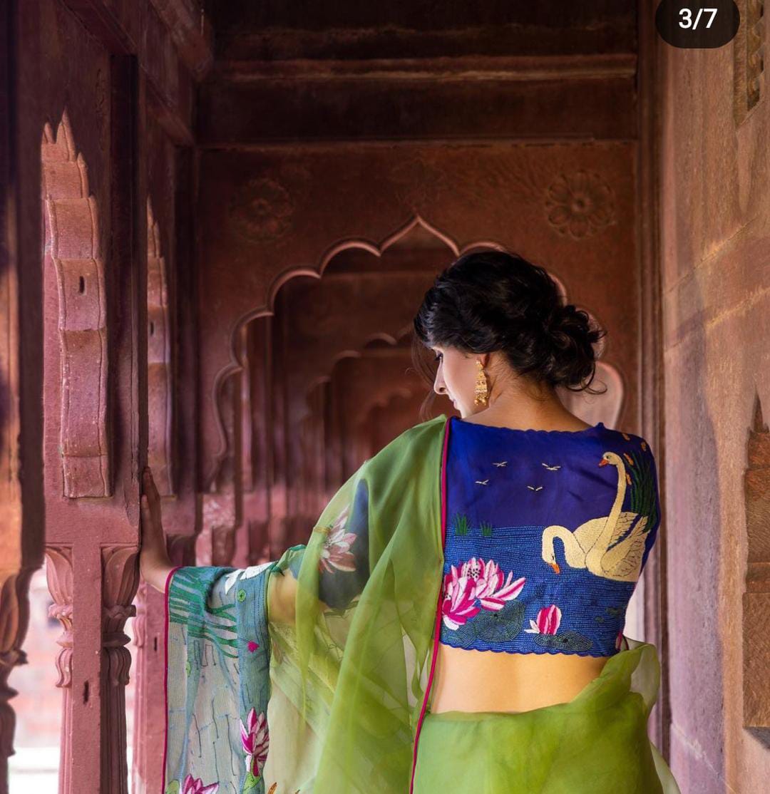 Blue Embroidered Boat Neck Blouses - Dailybuyys