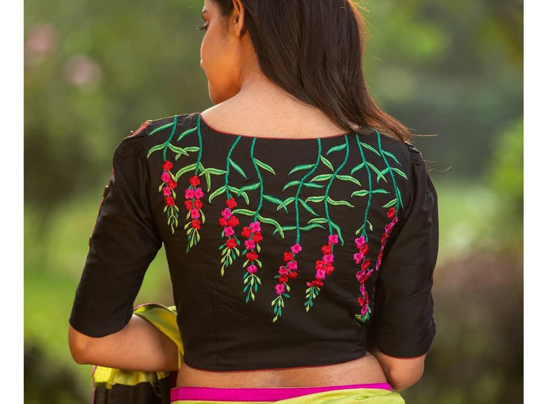 Black With Floral Embroidery Boat Neck Blouses - Dailybuyys