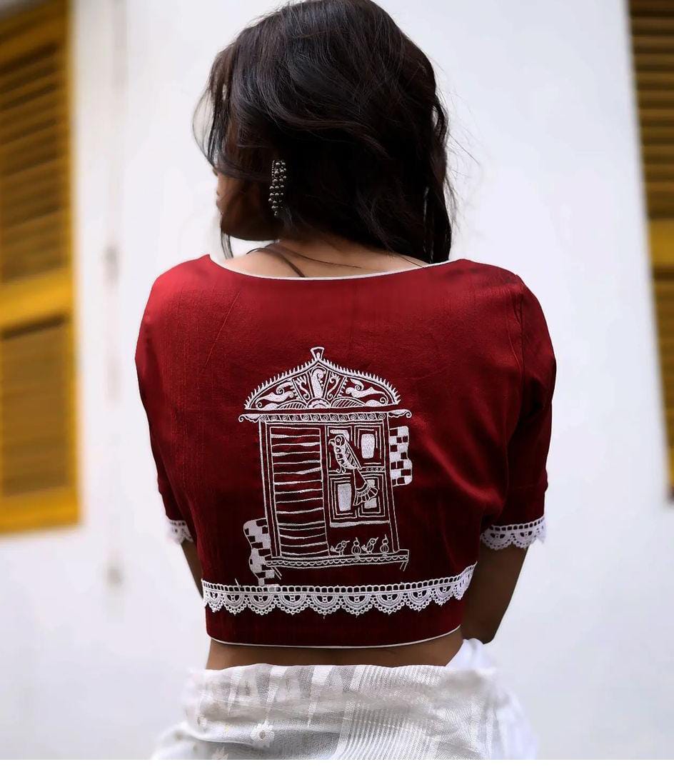 Maroon Red With White Embroidery Boat Neck Blouses - Dailybuyys