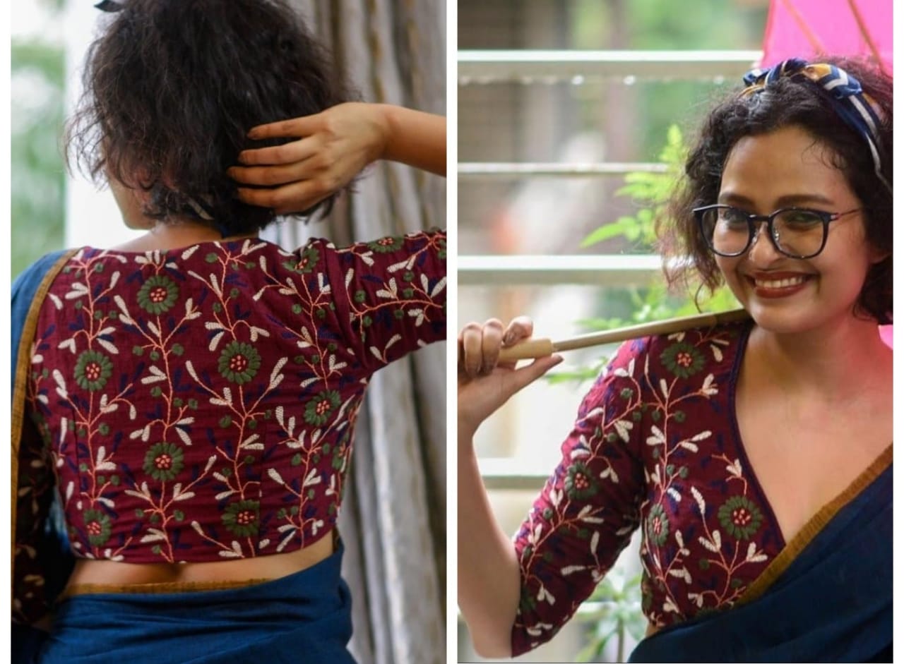 Garnet Red Embroidered V Neck Blouses - Dailybuyys