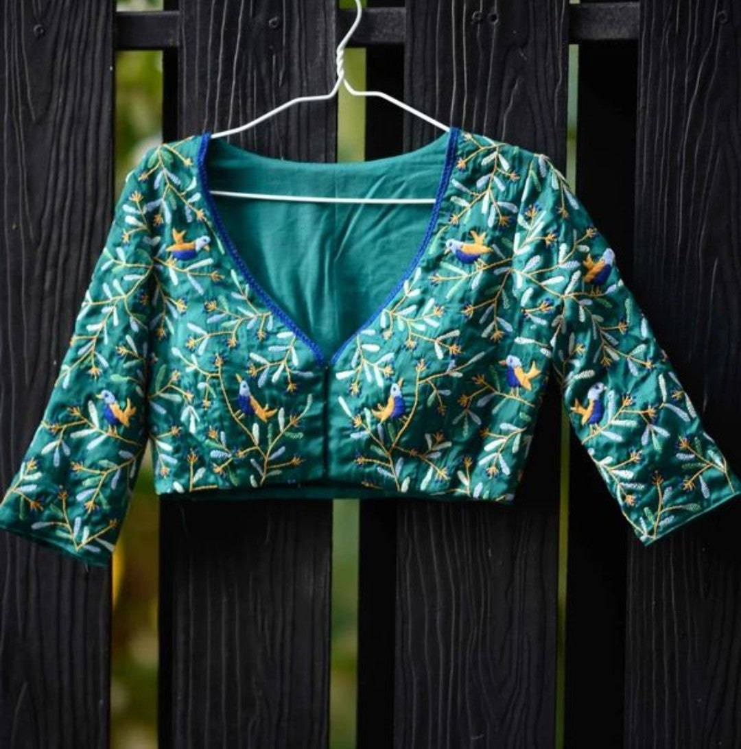 Maya Blue Embroidered V Neck Blouses - Dailybuyys