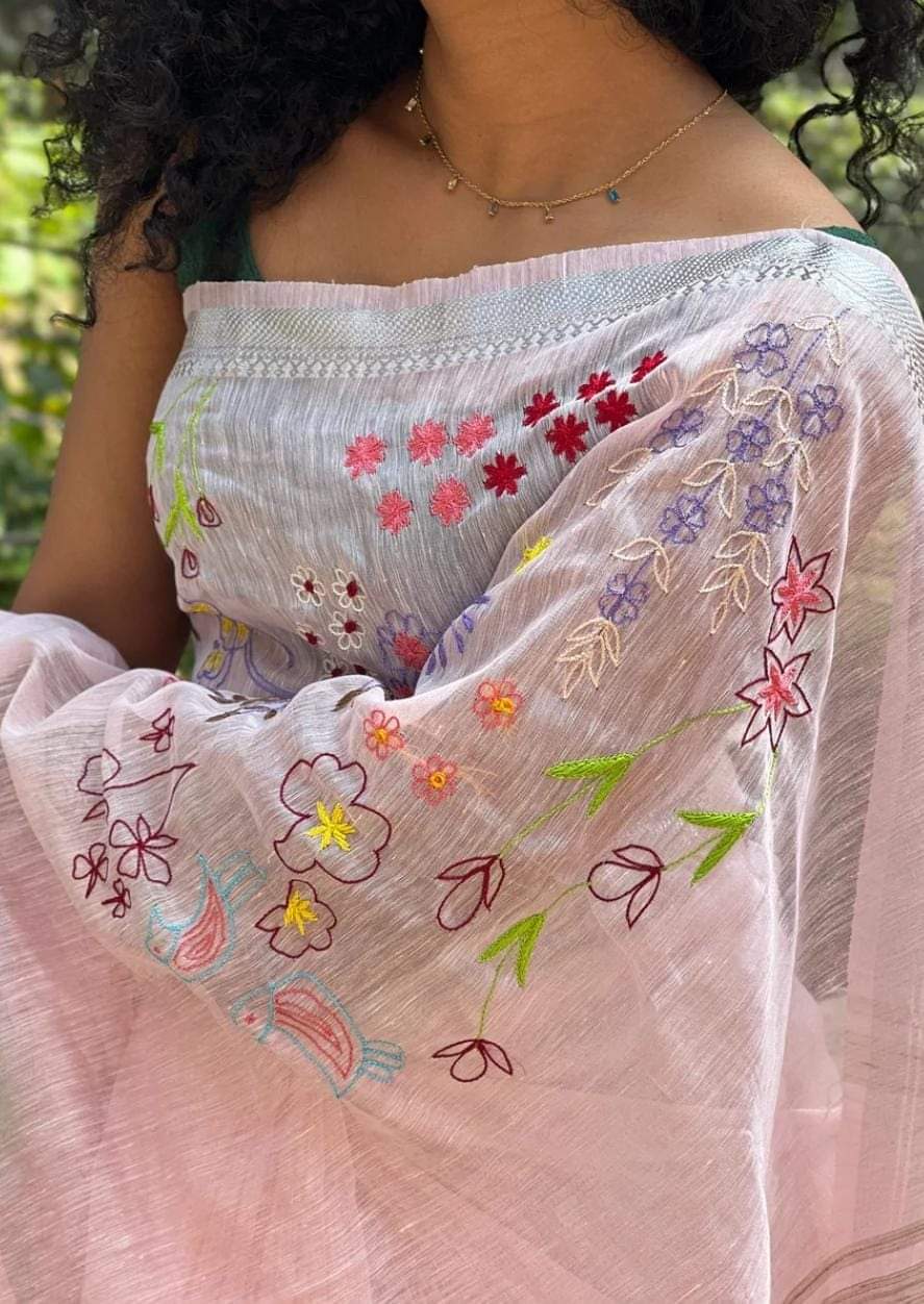 Salmon Pink Pure Linen Saree - Dailybuyys