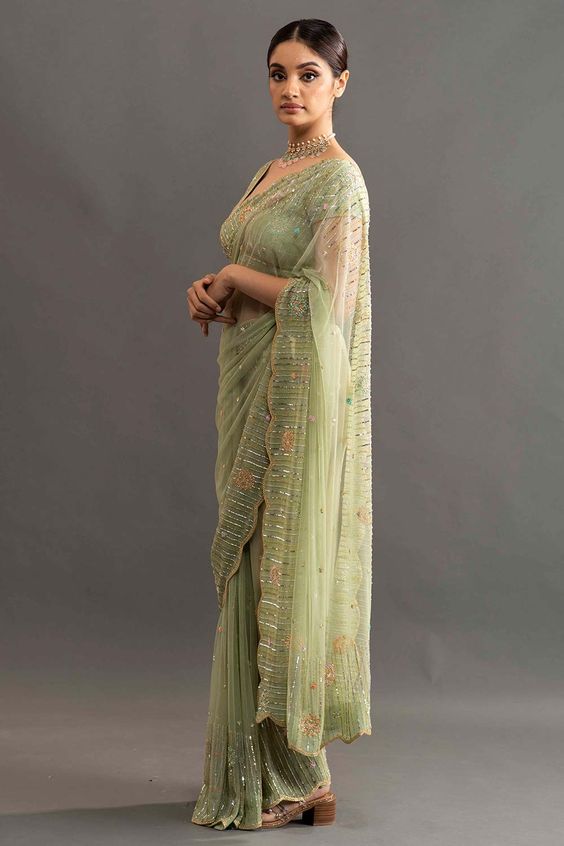 Olive Green Zardozi Designer Party Wear Saree - Dailybuyys