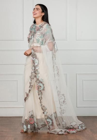 Pearl White Zardozi Designer Party Wear Saree - Dailybuyys