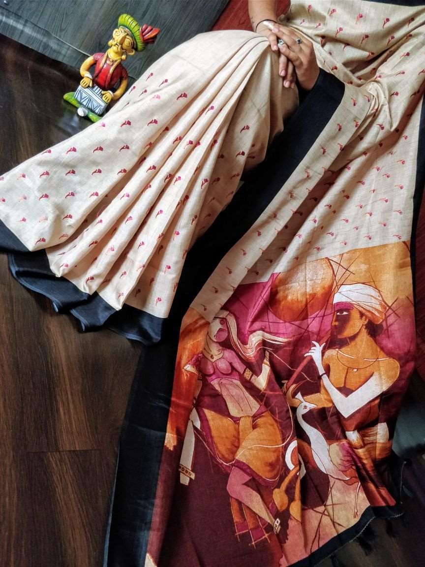 Beige Hand Painted Floral Motif Pure Silk Mark Certified Murshidabad Silk Sarees