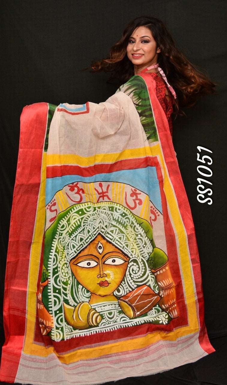 Beige Orange Dhanekhali Tant Sarees