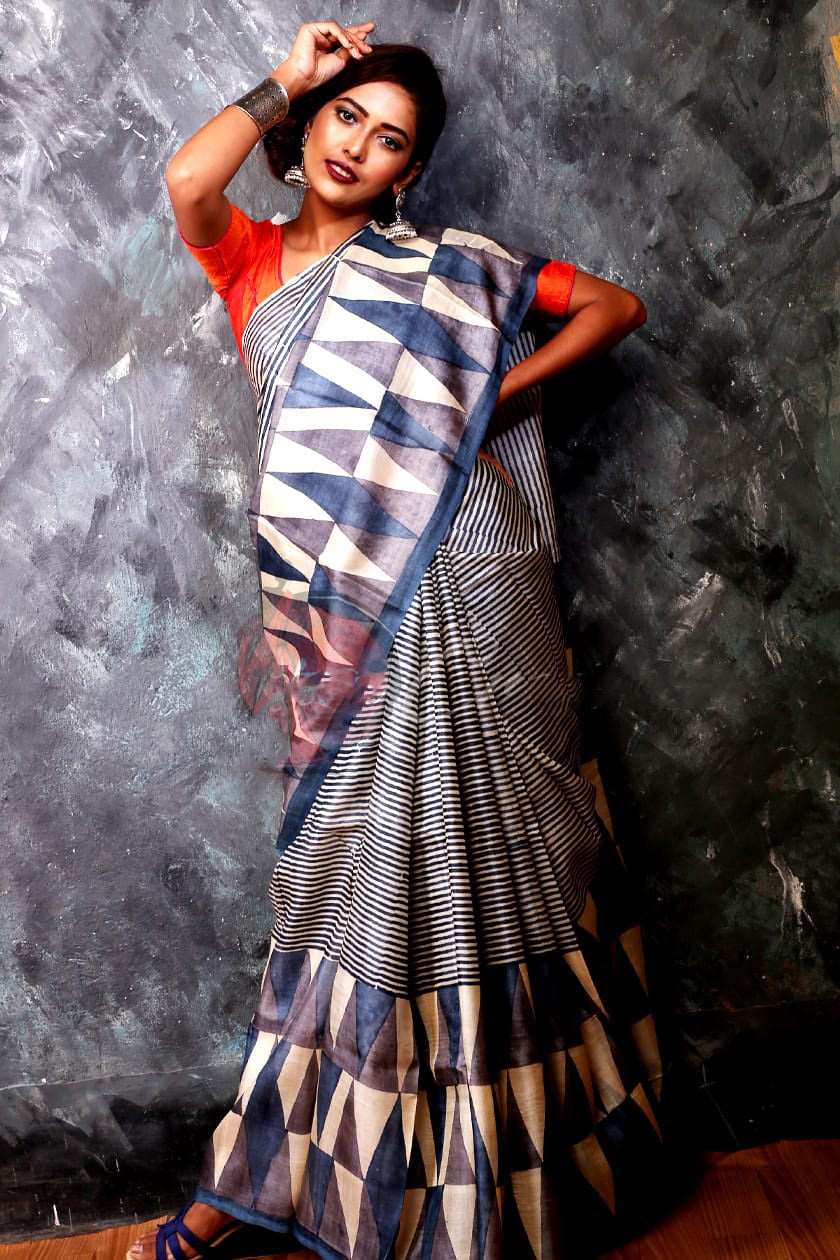 Beige Block Printed Zari Border Pure Silk Mark Certified Tussar Silk Sarees