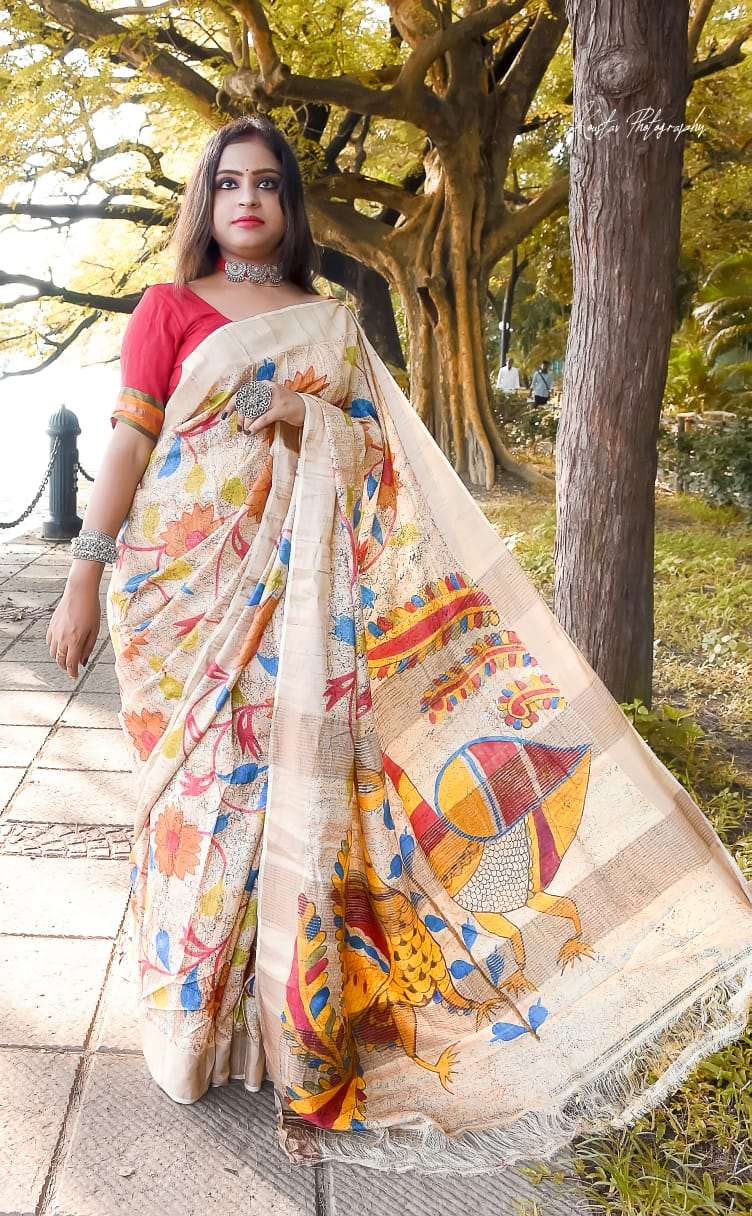 Beige Hand Painted Zari Border Pure Silk Mark Certified Tussar Silk Sarees