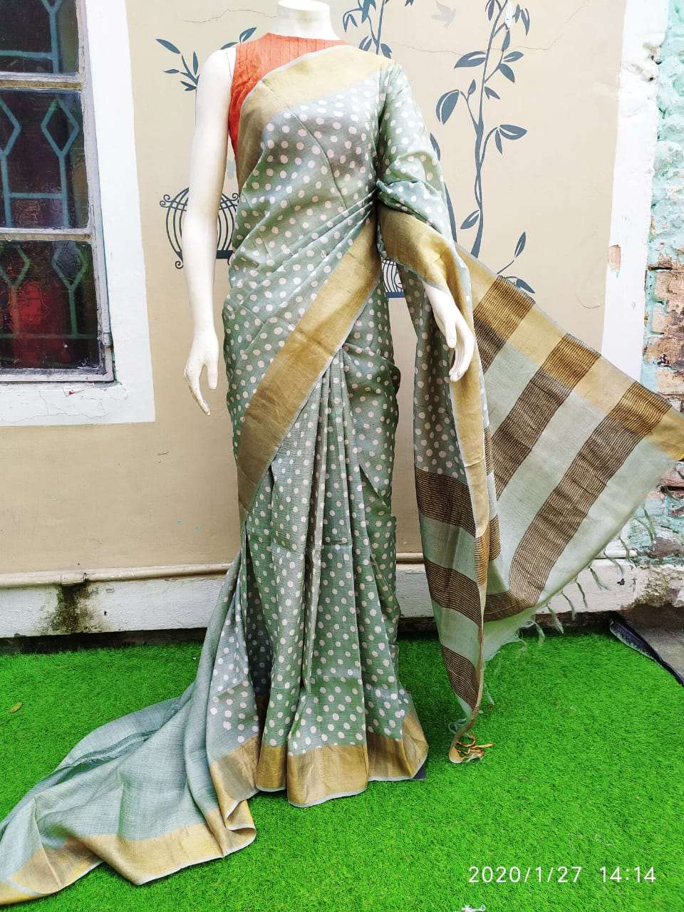 Beige Block Printed Zari Border Pure Silk Mark Certified Tussar Silk Sarees