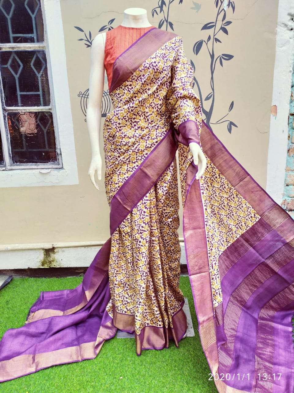 Beige Block Printed Zari Border Pure Silk Mark Certified Tussar Silk Sarees