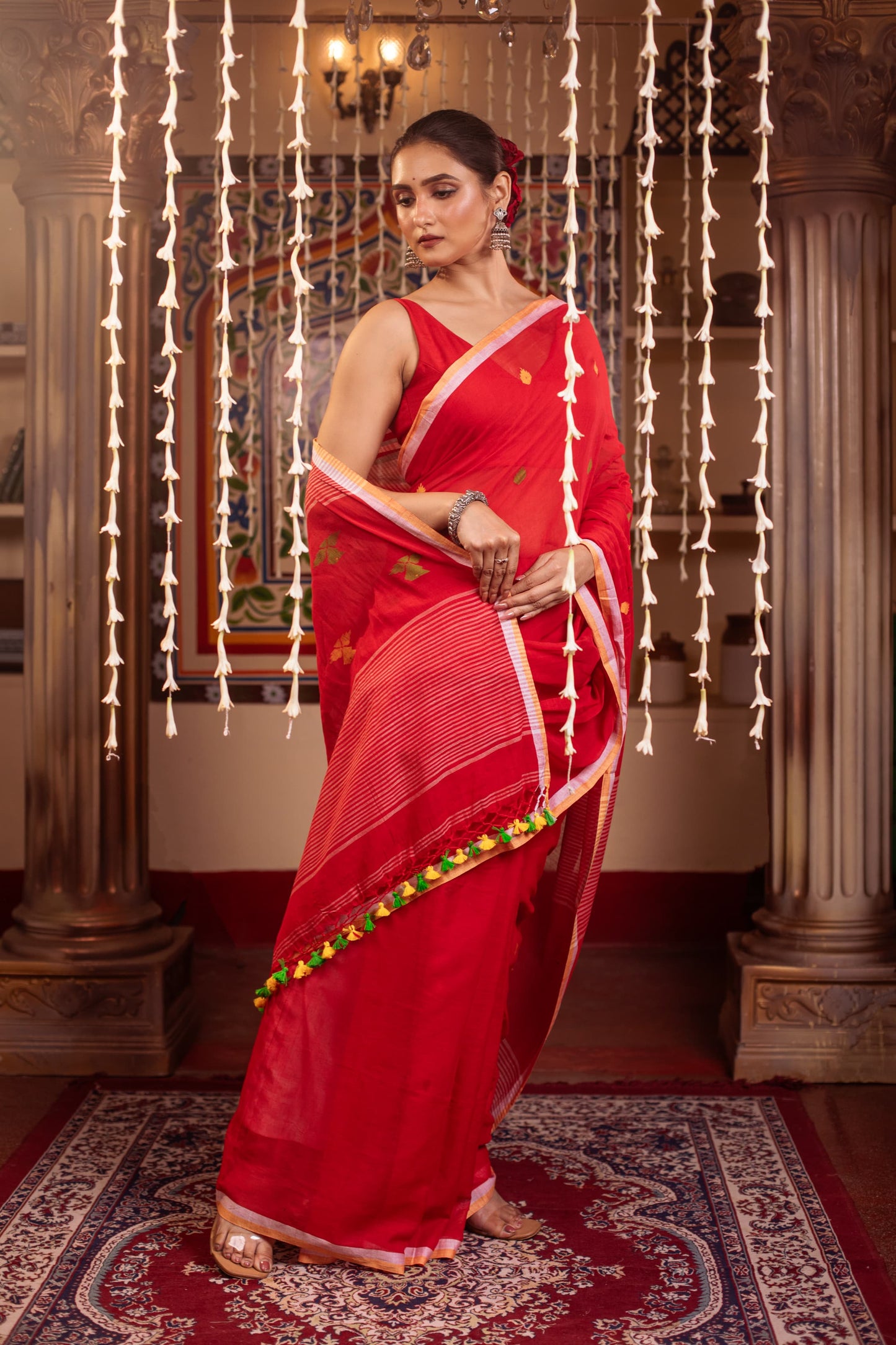 Pure Mulmul Cotton red Jamdani Weaving saree - Dailybuyys