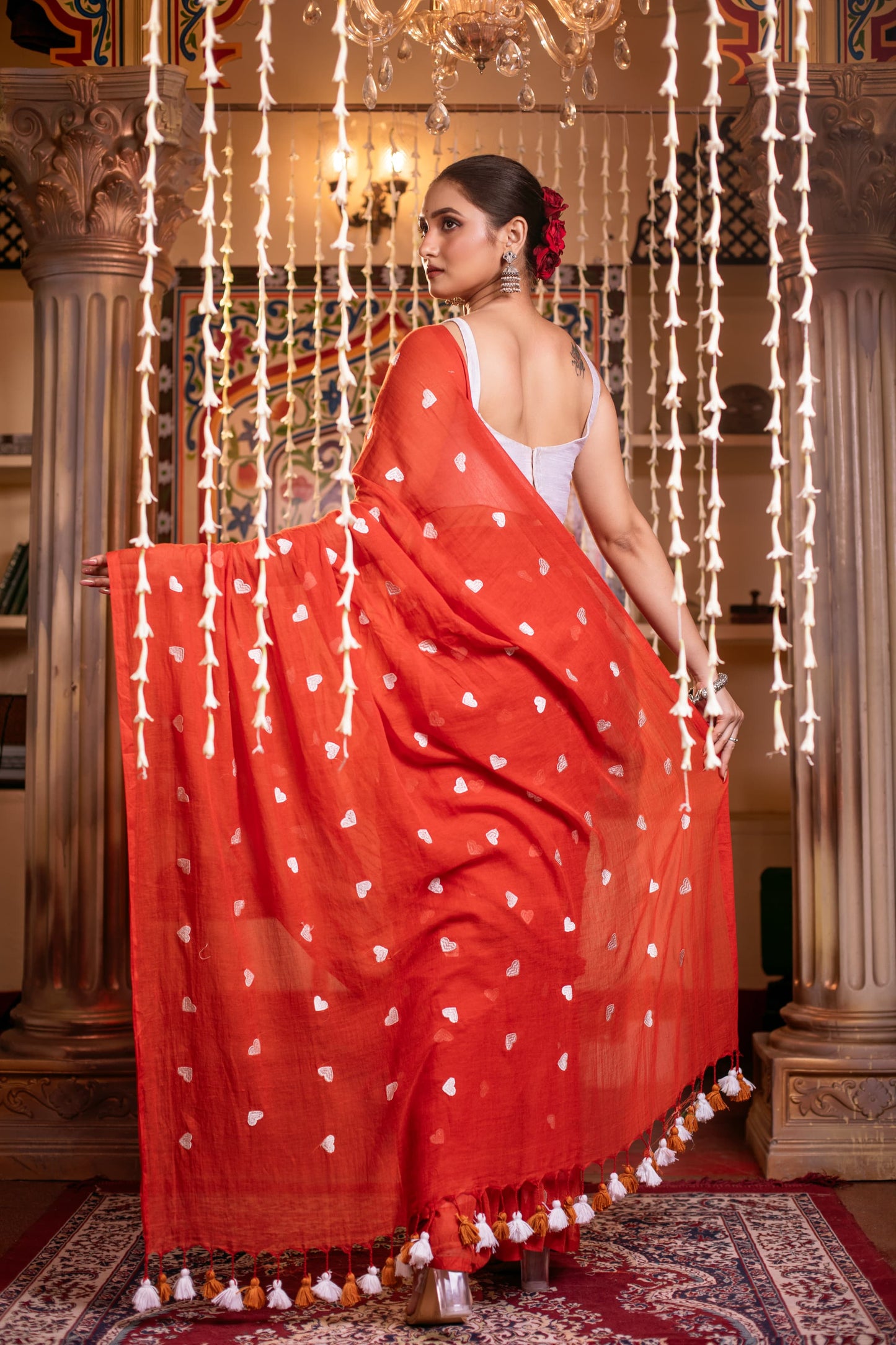 Pure Mul Cotton White Heart Embroidery Saree - Dailybuyys