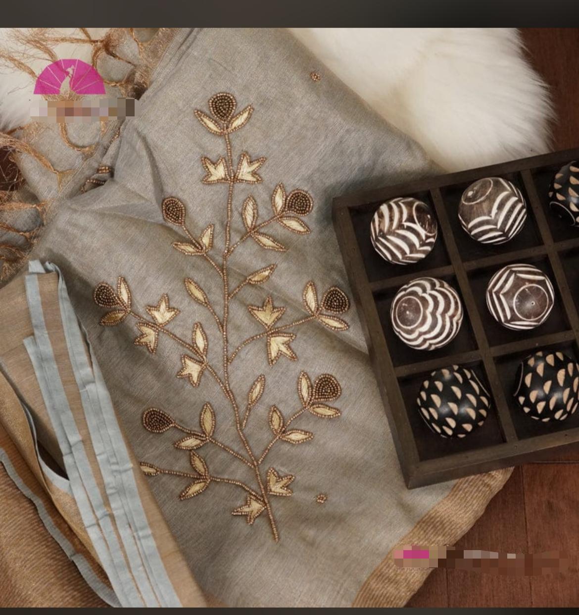 Pure Handloom Tissue Linen Fully Embroidered Moti Work saree with bp - Dailybuyys