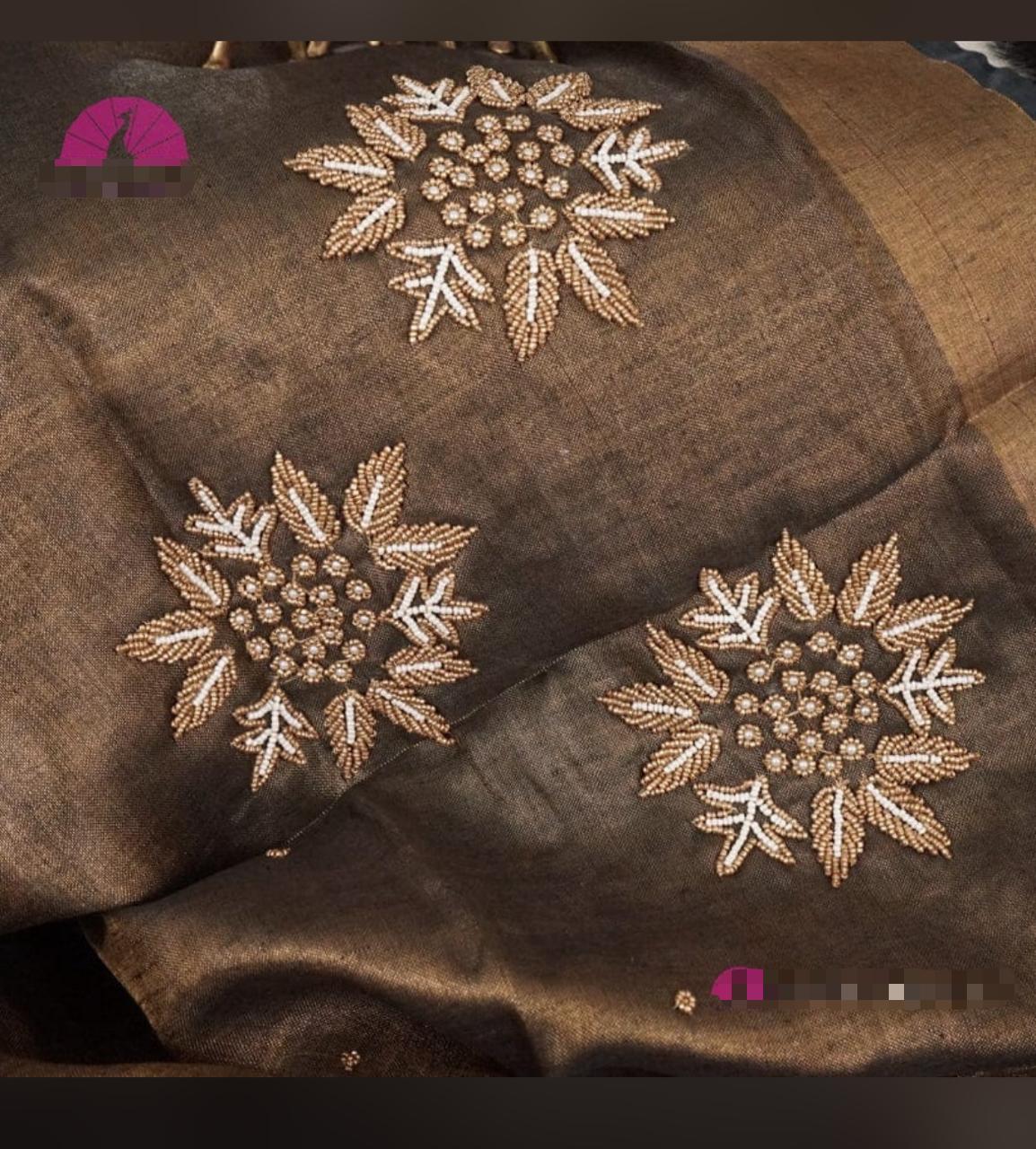 Brown Pure Tissue Linen Fully Embroidered Moti Work saree with bp - Dailybuyys