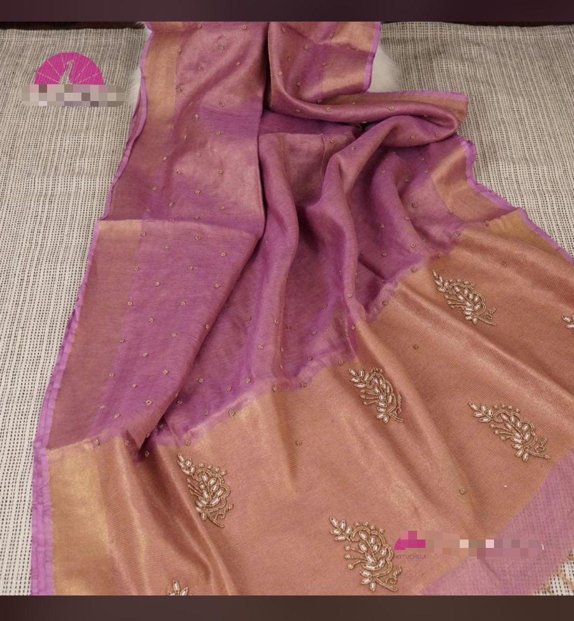 Purple Pure Handloom Tissue Linen Fully Embroidered Moti Work saree with bp - Dailybuyys