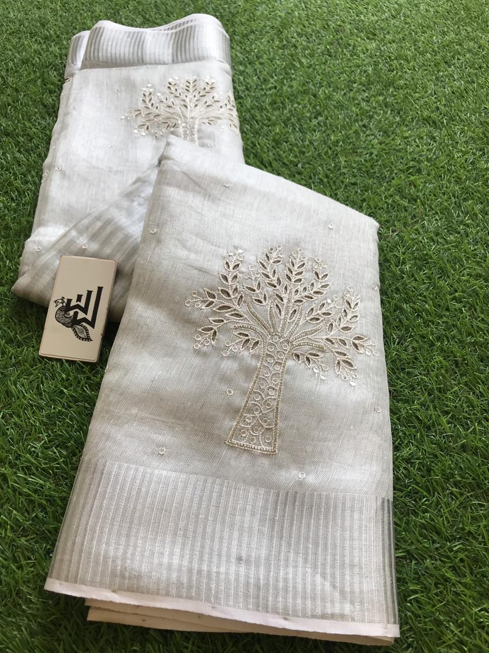 Pure Handloom Tissue Linen Fully Embroidered Mirror Work Saree - Dailybuyys