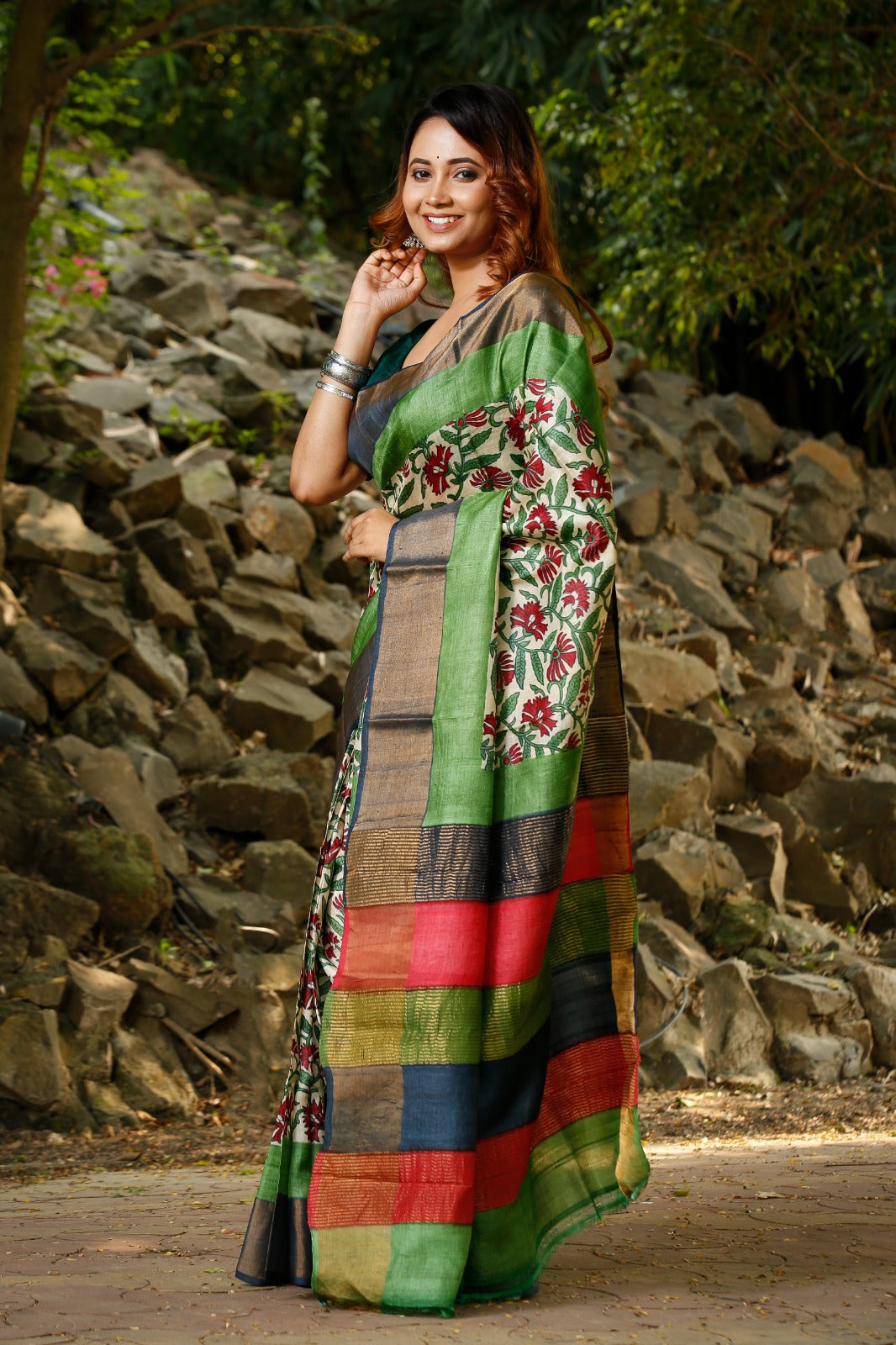 Green Floral Beautiful Block Printed Zari Border Pure Silk Mark Certified Tussar Silk Sarees - Dailybuyys