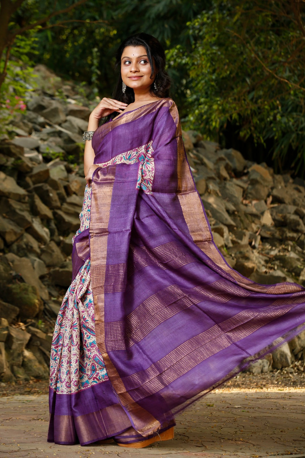 Beautiful Purple Block Printed Zari Border Pure Silk Mark Certified Tussar Silk Sarees - Dailybuyys