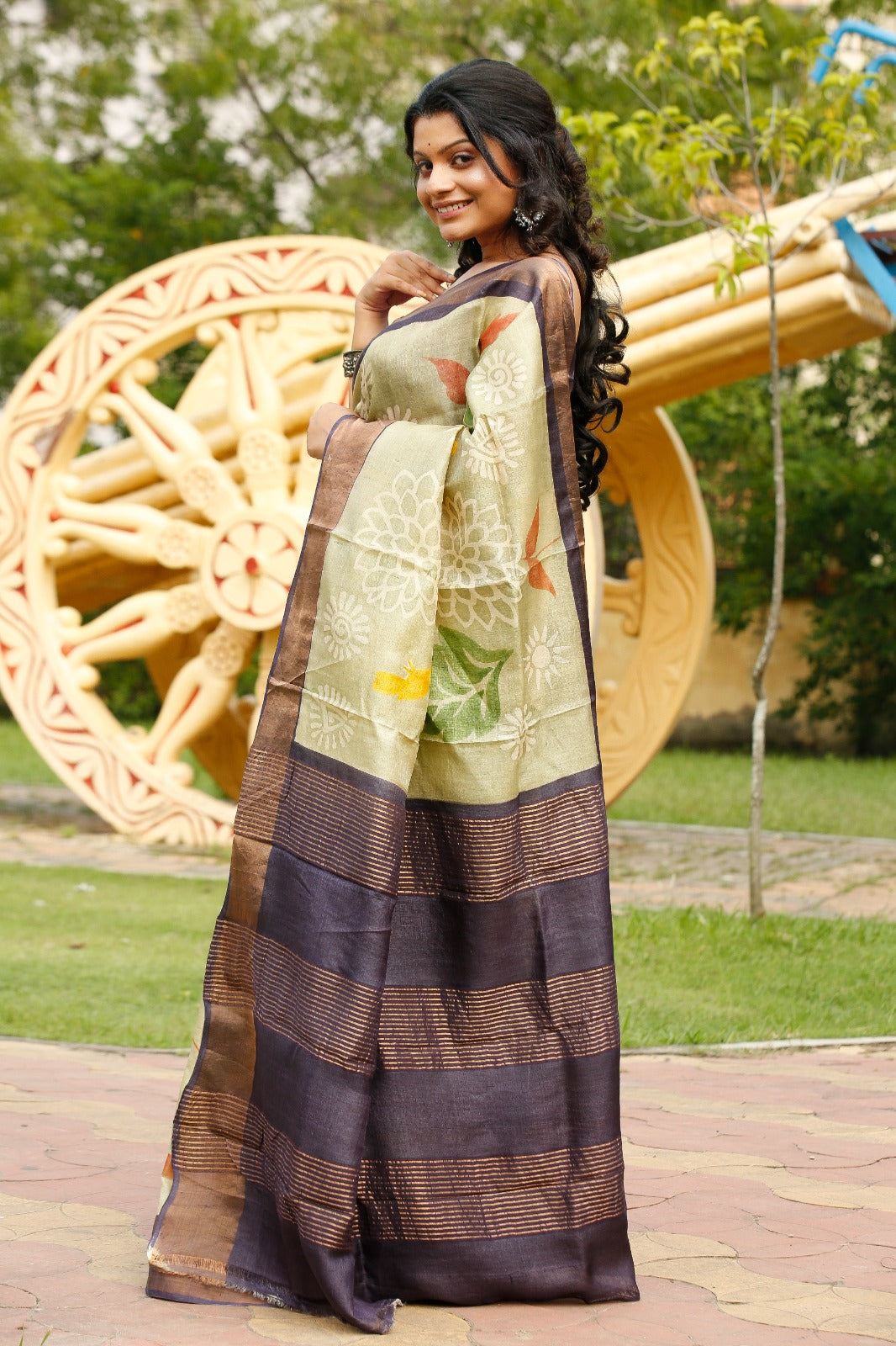 Spring Hand Painted Zari Border Pure Silk Mark Certified Tussar Silk Sarees - Dailybuyys