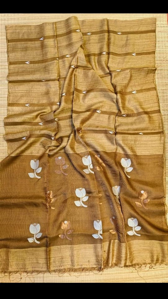 Golden Embroidered Matka Silk Mark Certified Muslin Sarees - Dailybuyys
