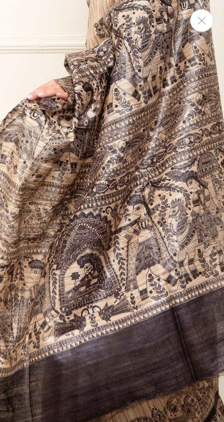 Beige Black Madhubani Printed Pure Silk Mark Certified Tussar Ghicha Silk Sarees - Dailybuyys