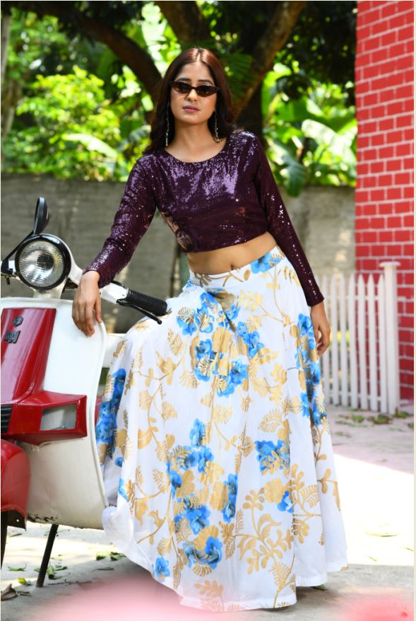 Indo Western Dress Floral Skirt Indian Outfit Light Pink Top With