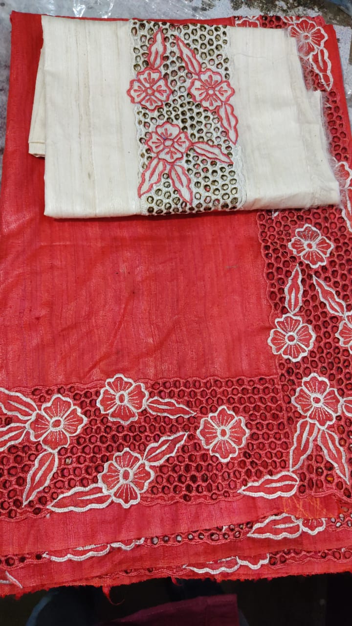 Red Cutwork Tussar Ghicha Silk Sarees