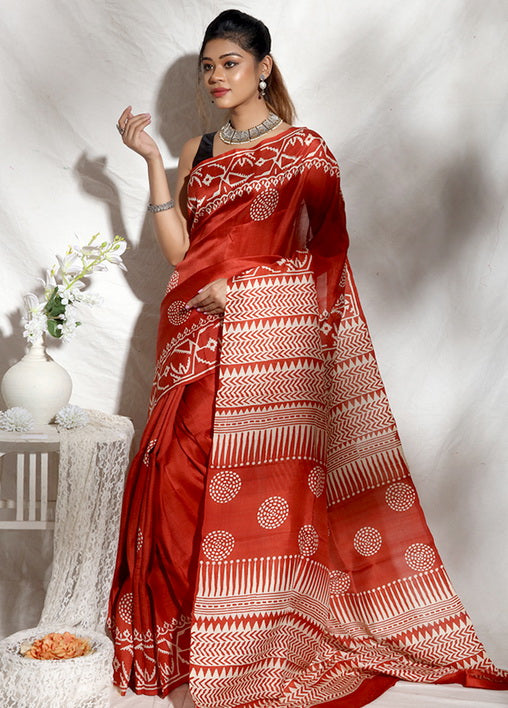 Orange Block Print Silk Mark Certified Bishnupuri Silk Sarees - Dailybuyys