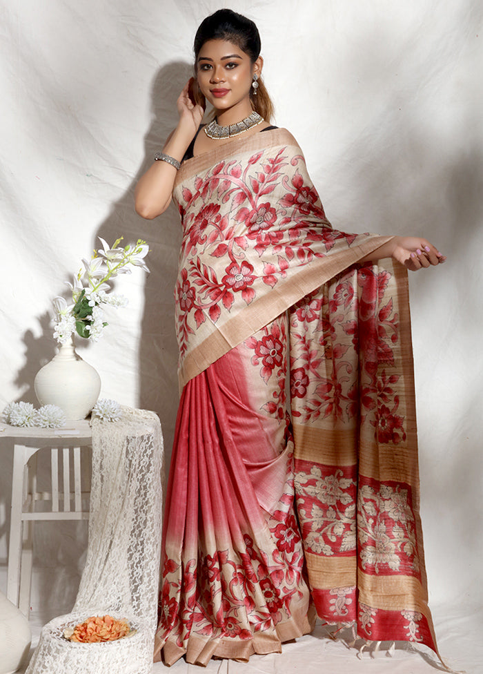Red Beautiful Hand Paited Zari Border Pure Silk Mark Certified Tussar Silk Sarees - Dailybuyys
