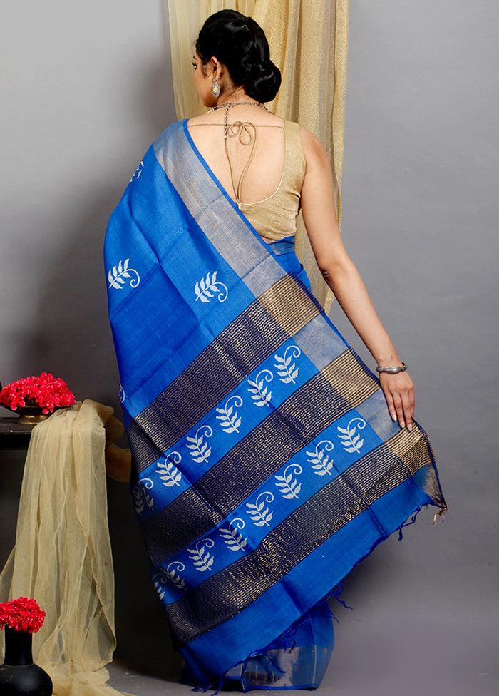 Blue Block Print Zari Border Pure Silk Mark Certified Tussar Silk Sarees - Dailybuyys