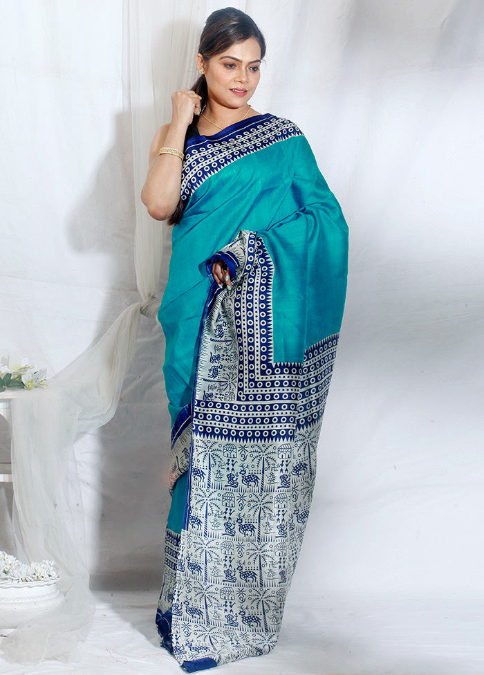 Blue Color Pure Silk Mark Certified Bishnupuri Block Printed Silk Sarees - Dailybuyys