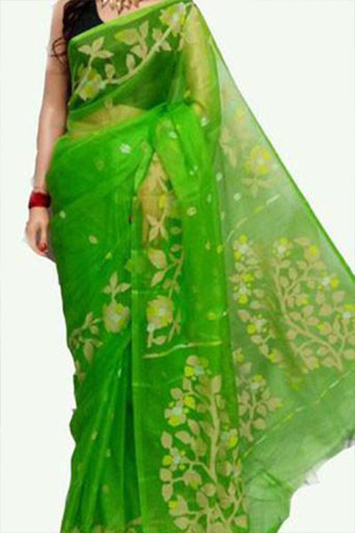 Green Pure Silk Mark Certified Muslin Sarees - Dailybuyys