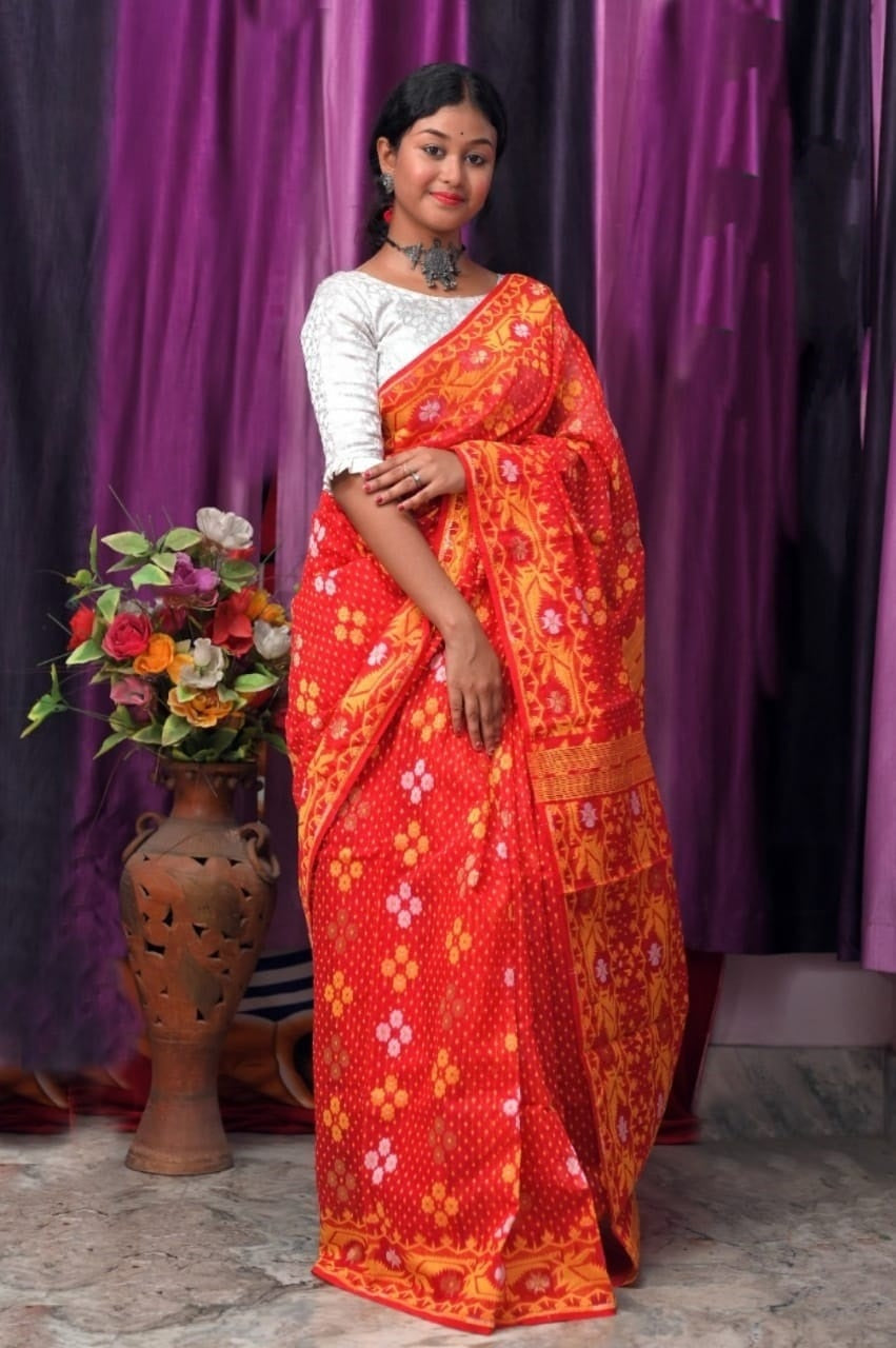 Sunset Red soft Dhakai Jamdani Sarees - Dailybuyys