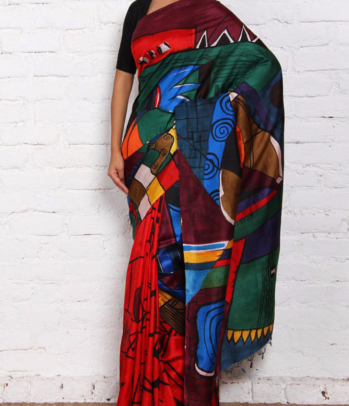 Red Blue Pure Silk Mark Certified Murshidabad Silk Sarees - Dailybuyys