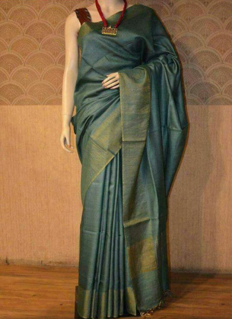 Green Muga Zari Border Pure Silk Mark Certified Tussar Silk Sarees - Dailybuyys