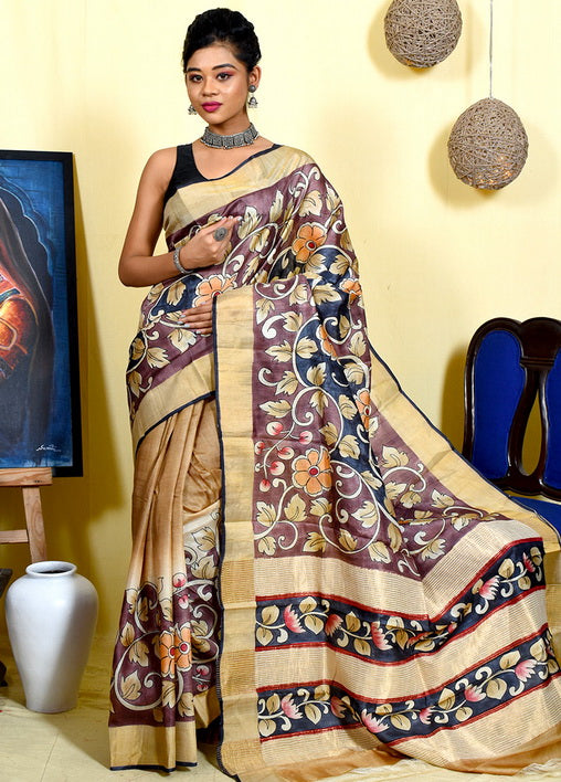 Maroon Floral Hand Painted Zari Border Pure Silk Mark Certified Kalamkari Tussar Silk Sarees - Dailybuyys