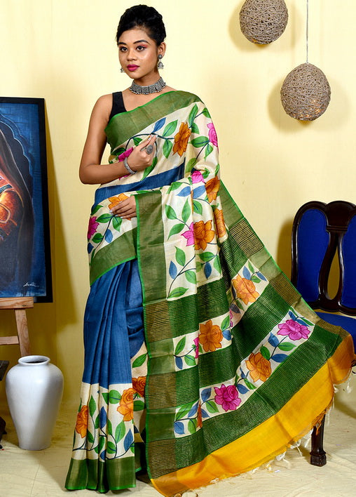 Geeen Floral Hand Painted Zari Border Pure Silk Mark Certified Tussar Silk Sarees - Dailybuyys