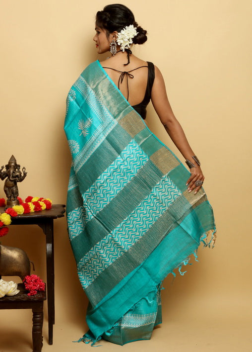 Blue Block Print Zari Border Pure Silk Mark Certified Tussar Silk Sarees - Dailybuyys