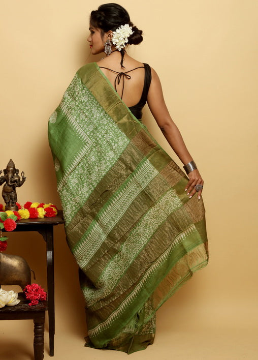 Green Block Print Zari Border Pure Silk Mark Certified Tussar Silk Sarees - Dailybuyys