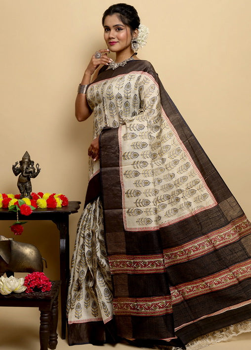 Black Block Print Zari Border Pure Silk Mark Certified Tussar Silk Sarees - Dailybuyys