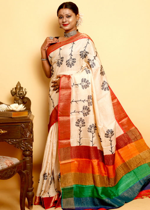 Orange Block Print Zari Border Pure Silk Mark Certified Tussar Silk Sarees - Dailybuyys