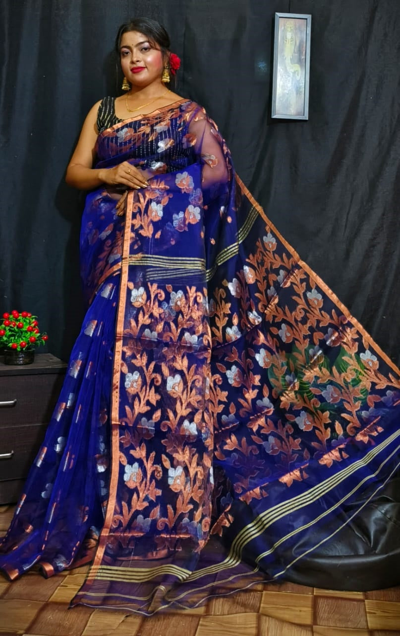 Blue with copper zari detail work soft Dhakai Jamdani Sarees - Dailybuyys