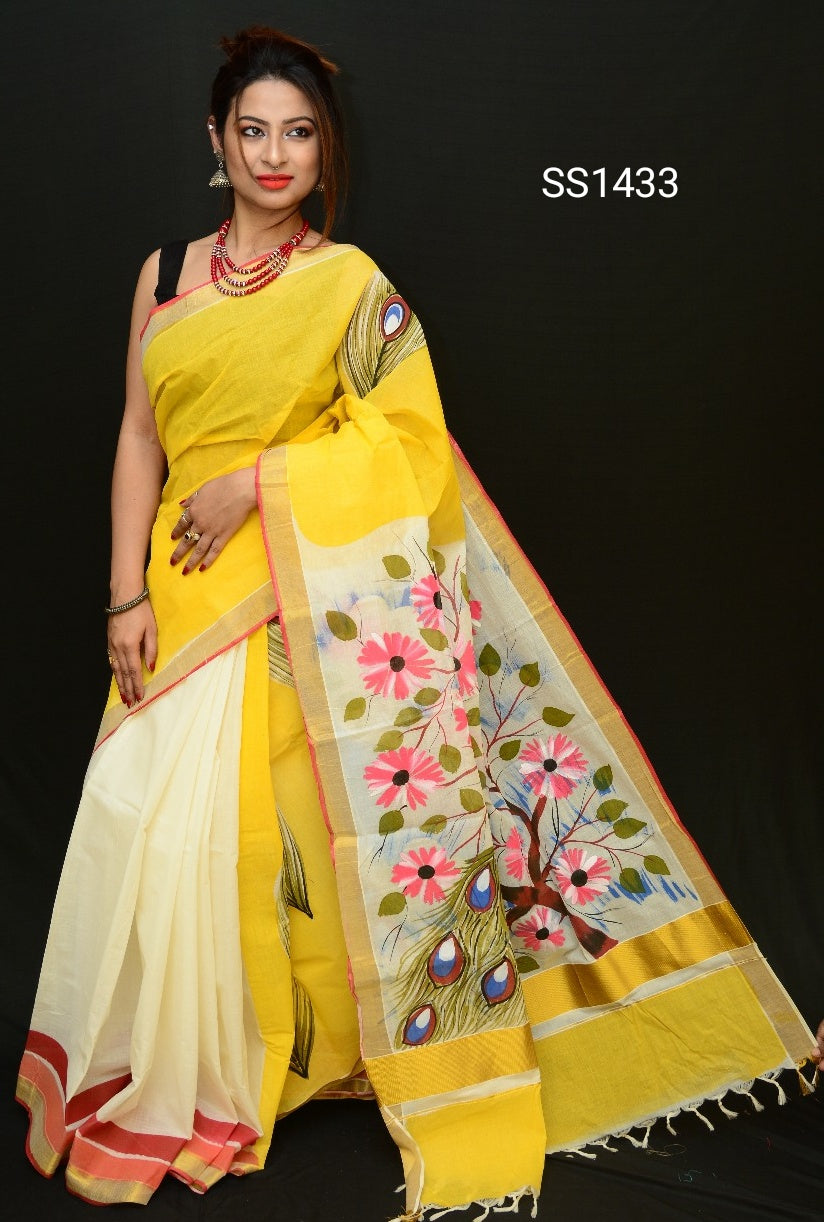 Yellow Beige Kerala Pure Cotton Sarees - Dailybuyys