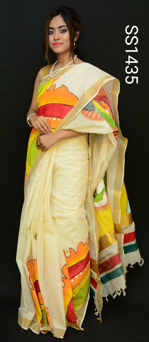 Beige Yellow Kerala Pure Cotton Sarees - Dailybuyys