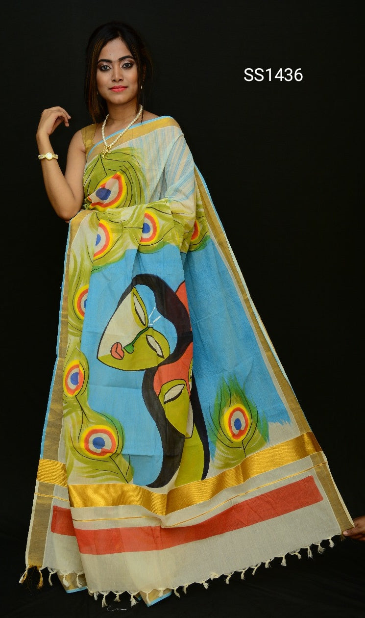 Yellow Beige Kerala Pure Cotton Sarees - Dailybuyys